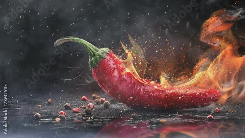 Red chili pepper in burning with fire photo