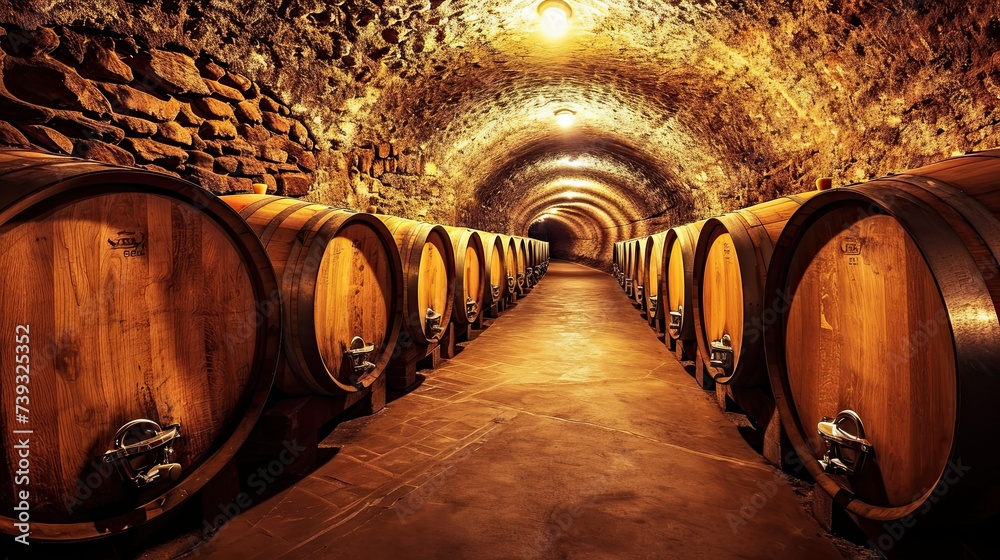 A subterranean wine cellar with vaulted ceilings and atmospheric lighting, exuding an air of mystery and allure.
