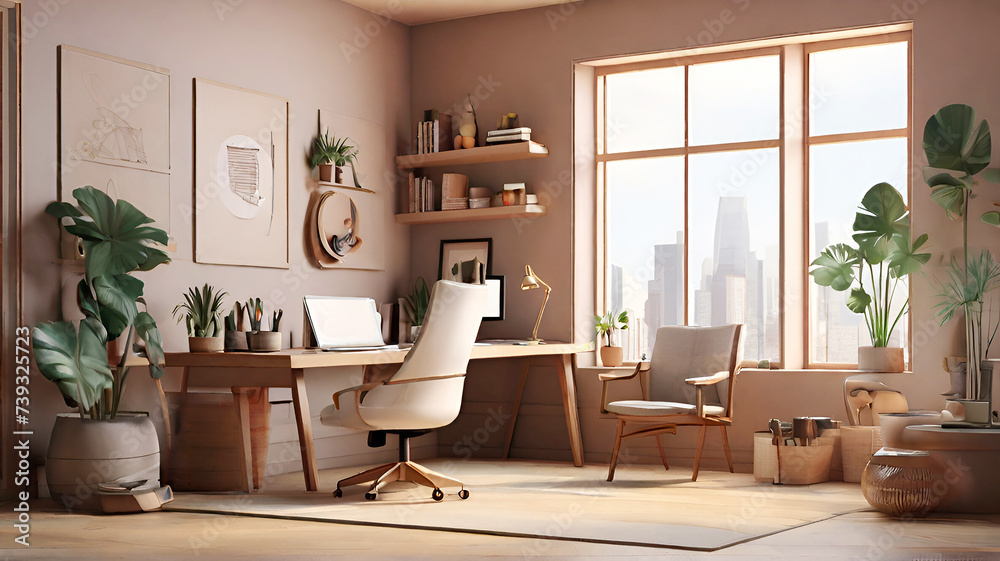 Fototapeta premium Modern Office Space Interior Design. White walls with light wood desk and accents, with minimal accessories, and clean lines. 
