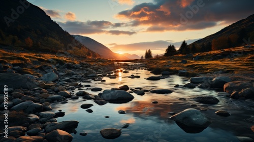 A mountain river at twilight, the fading light casting a soft glow on the water and rocks, the scene