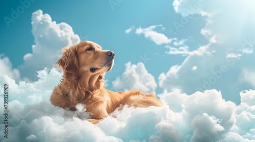 Dreamlike Golden Retriever Floating Amongst the Clouds in heaven after dead