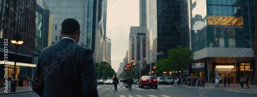 Professional in a business suit captured from the rear, engaged in the urban atmosphere.