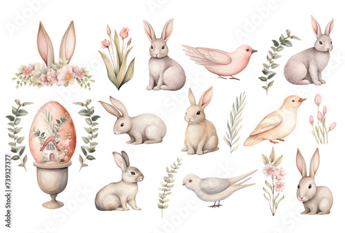 Watercolor set of cute Easter bunnies and birds. Rabbits isolated on a white background