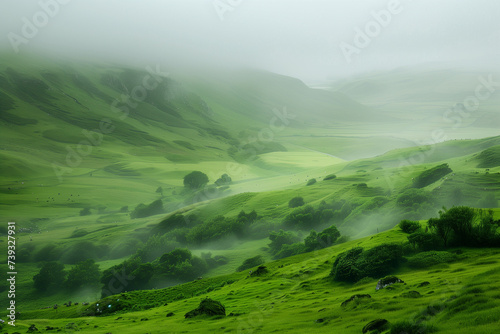 Lush green Irish landscape shrouded in mystical mist, evoking the magic of St. Patrick's Day.