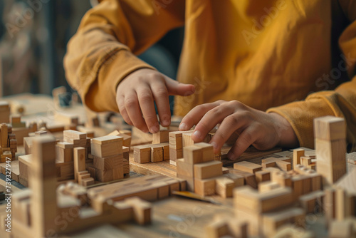 Detail shot of a child's hands reaching for the perfect block to complete their architectural marvel, super good quality style,