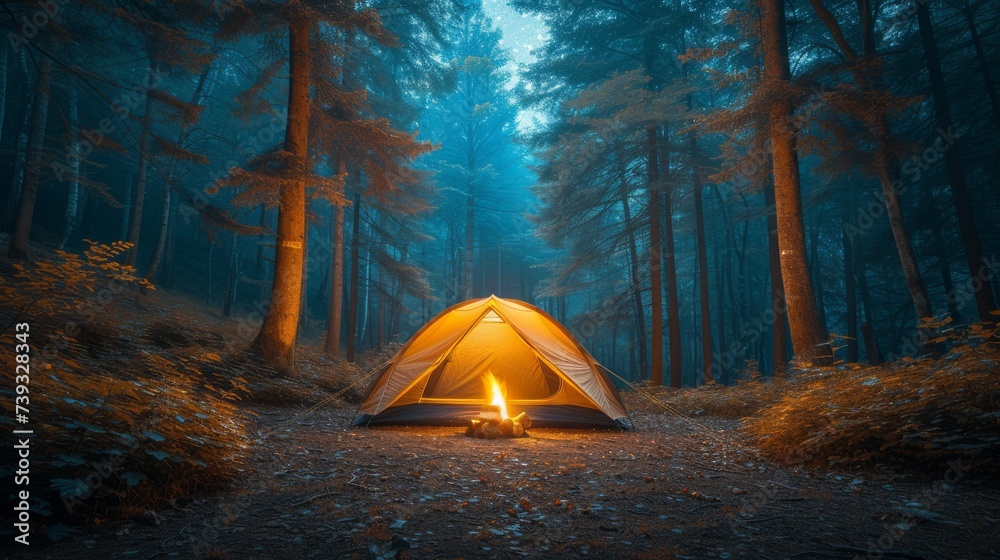A cozy camping scene in a forest clearing, tent pitched beside a small campfire, starry night sky ab
