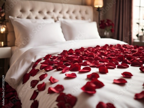 A cozy bedroom setting featuring a bed strewn with red rose petals