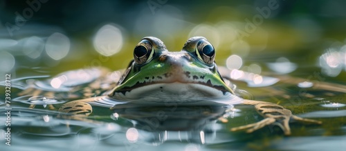 Serene green frog peacefully floating in tranquil water surrounded by nature