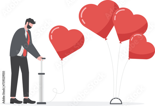 Boyfriend blowing heart shape balloon for his girlfriend, Love confession and valentine Day Celebration

