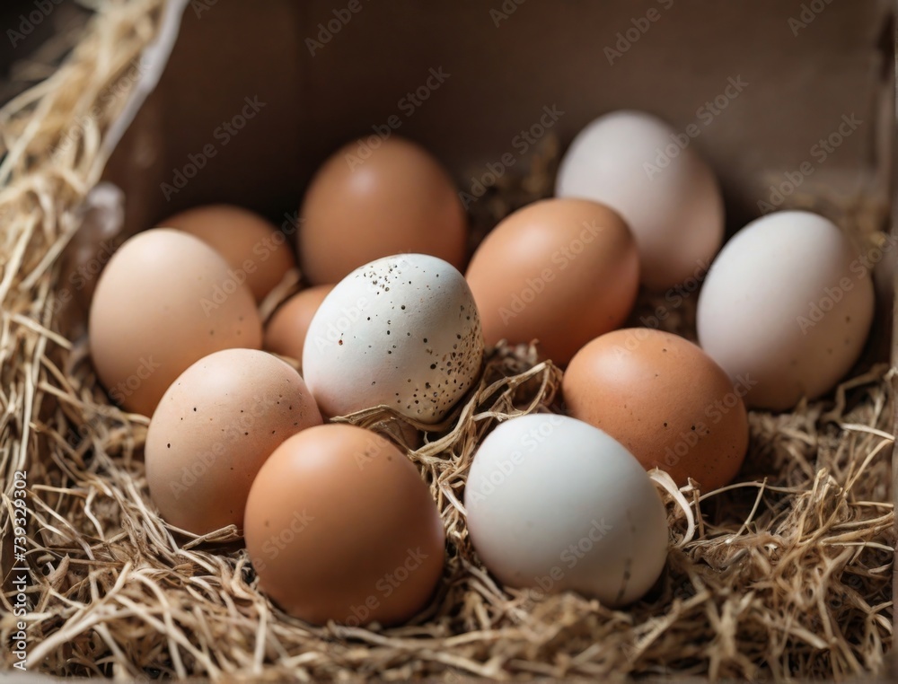 A close-up photograph of farm-fresh chicken eggs A close-up photograph of farm-fresh chicken eggs