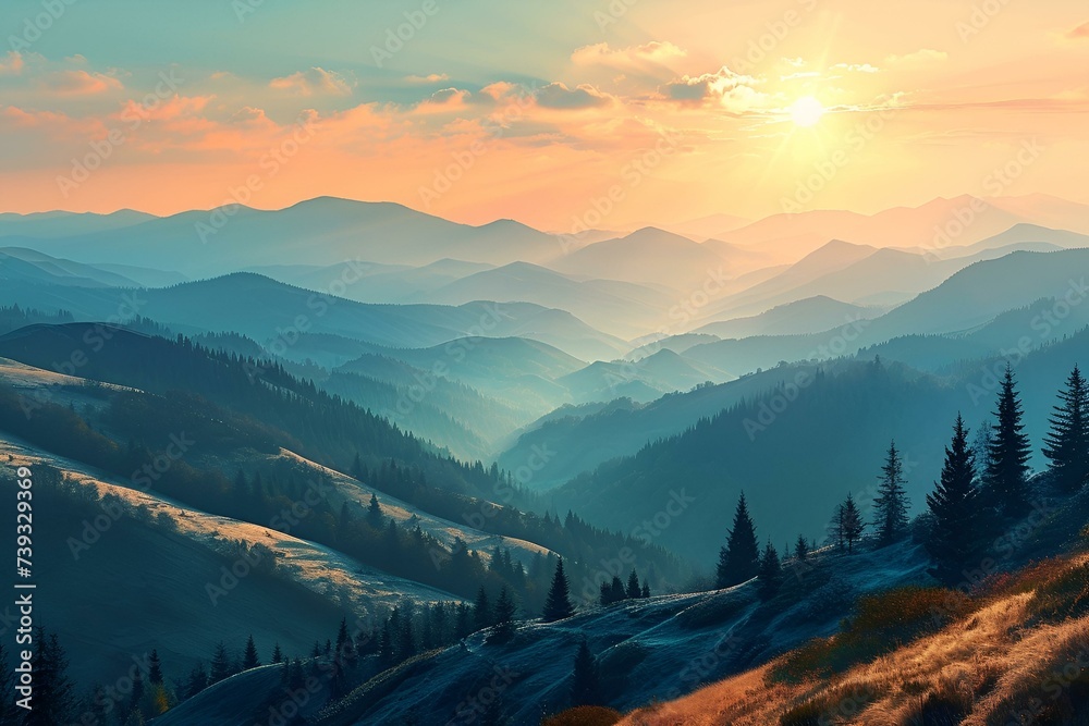 Obraz premium Majestic Mountain Landscape with Trees Beneath a Stunning Sunset