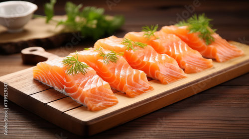 slice raw salmon sashimi on a wooden board