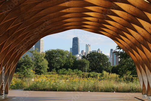 View of the city of Chicago, Illinois from the Honeycomb near the soud pond in Lincoln Park Zoo. October 2023
