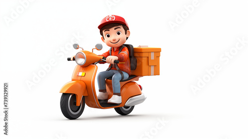 Orange 3D cartoon delivery man transport with a delivery box isolated in white background © Surasri