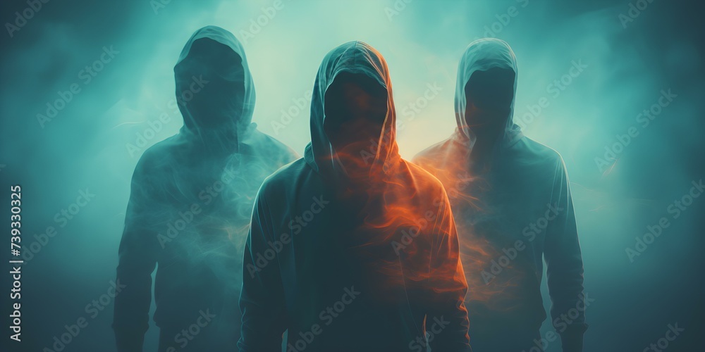 Unidentified individuals embracing anonymity with postproduction effects. Concept Abstract Portraits, Mysterious Figures, Obscured Identities, Surreal Imagery, Anonymous Expressions - obrazy, fototapety, plakaty 