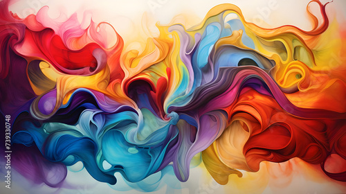 Vibrant hues and dynamic patterns on a painting depicting swirling colors that interact in a fluid dance portray the turmoil and beauty of abstract art. 