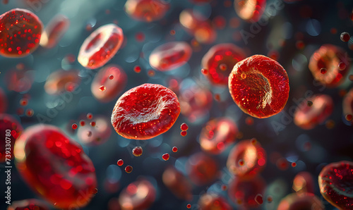 Different types of blood cells floating around in a vein, microscopic science concept banner. 