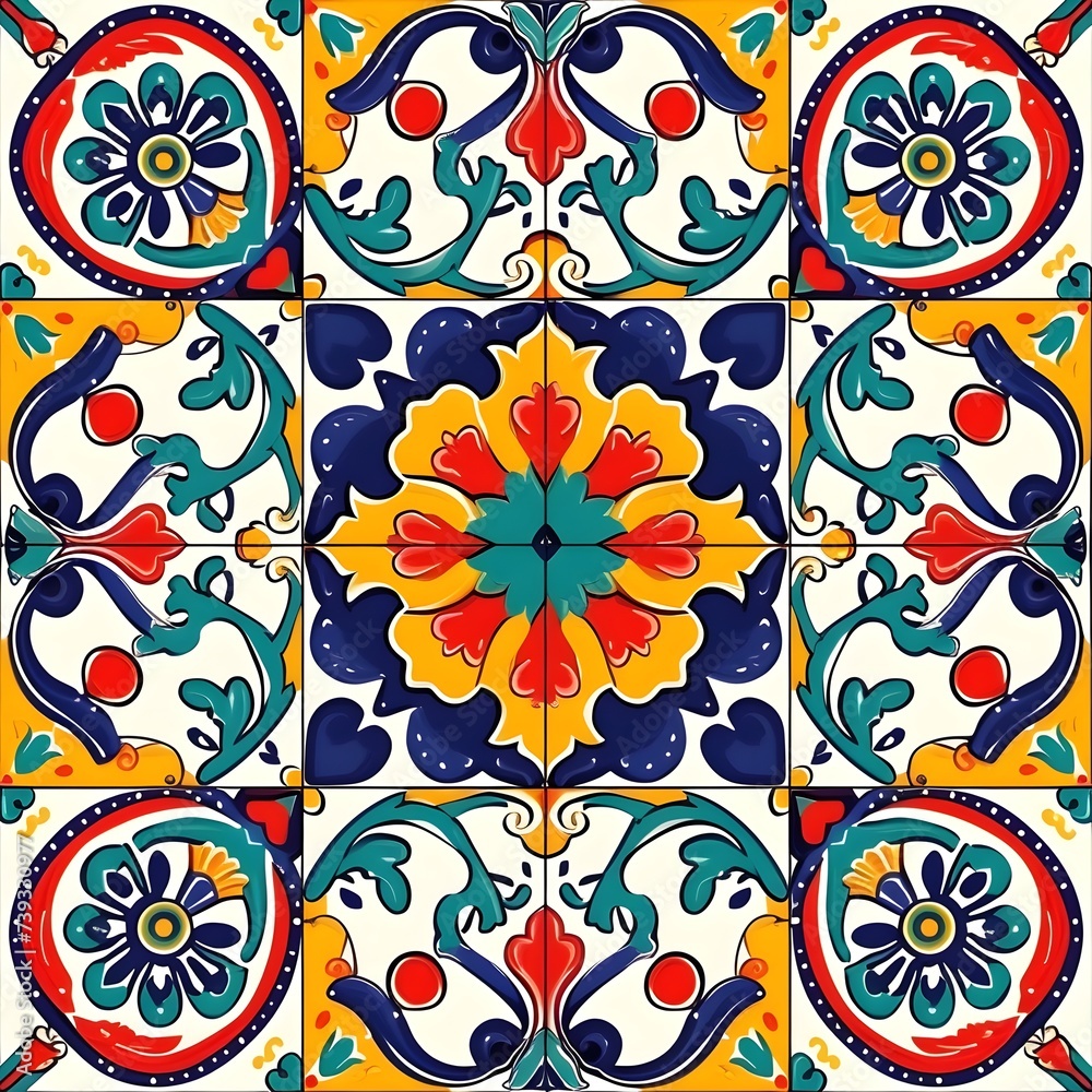 Vibrant Talavera Style Tile Background Design, Hand Edited Generative AI