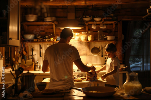 Back view of a father and son team working together to prepare a stack of delicious pancakes, with the kitchen bathed in cozy evening light, minimalistic style,