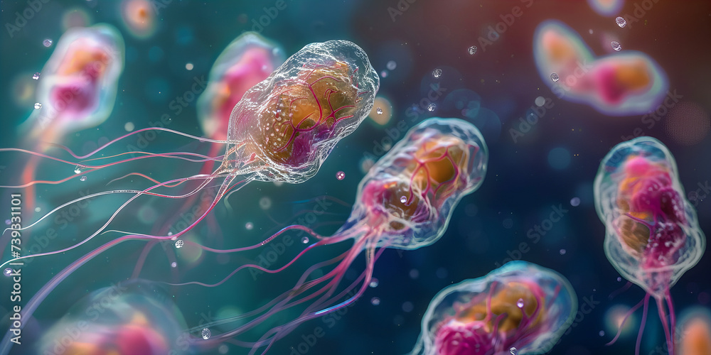 A microscopic view of parasitic bacteria in the human gut. Scientific and medical theme concept. A microscopic view of parasitic bacteria in the human gut. Scientific and medical theme concept.