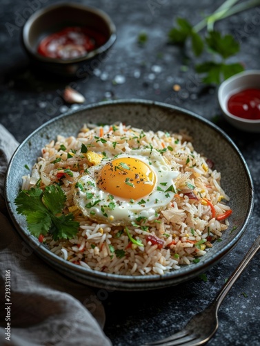 Photograph of delicious egg fried rice served with ketchup, styled in a fresh and bright manner, showcasing a tantalizing and appetizing meal - Concept of everyday gourmet comfort food 