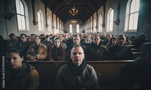 people sit in the church and listen to the pastor's sermon during the service photo