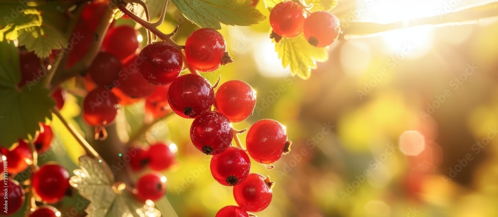 Ripe red cherries hanging from a lush tree branch in a beautiful orchard Ripe red cherries hanging from a lush tree branch in a beautiful orchard