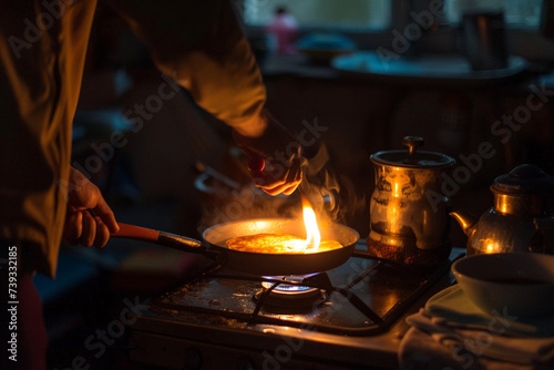 The glow of the stove casting a soft light on a father guiding his son's hand while they cook pancakes together, minimalistic style,