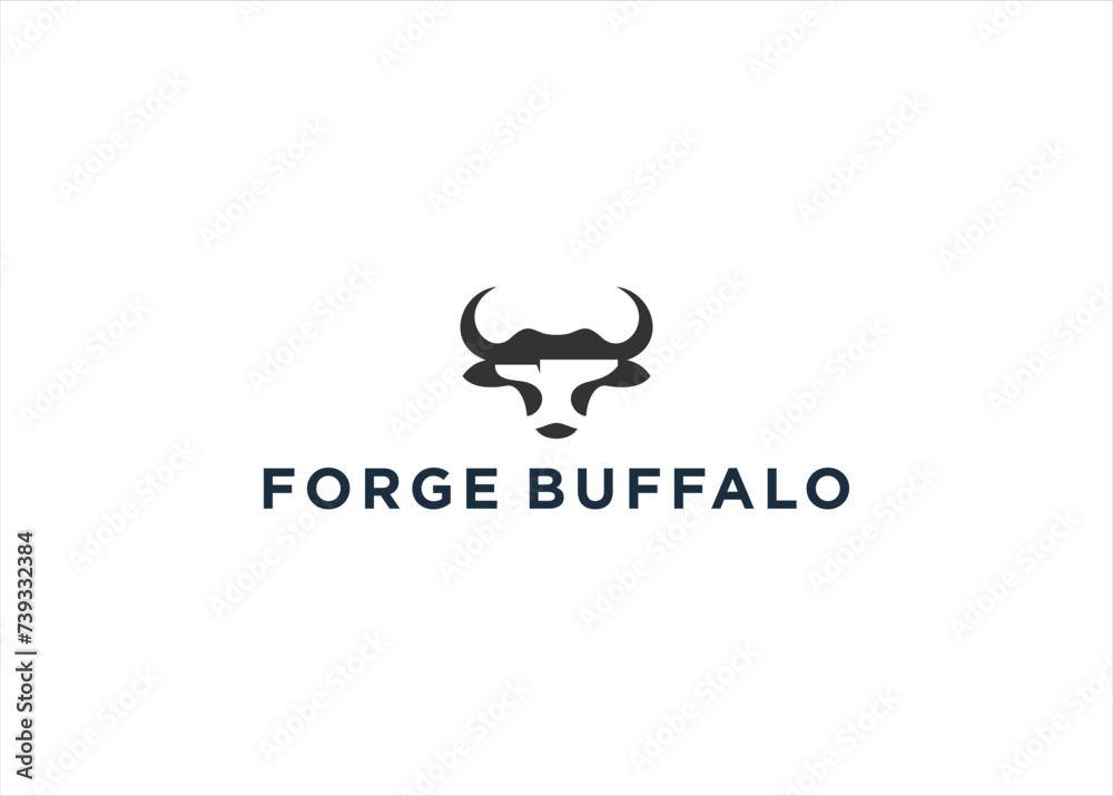 Blacksmith Forge with Head Buffalo logo design vector illustration