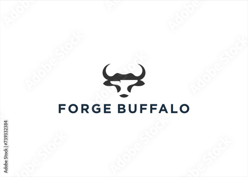Blacksmith Forge with Head Buffalo logo design vector illustration