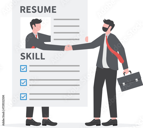 Success candidate get new job with best resume, human resources hiring or making contract with new joiner, apply for new job concept, businessman get out of resume picture handshake with employer.

