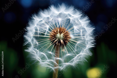 Close up macro photo of white dandelion with blurred green and blue background