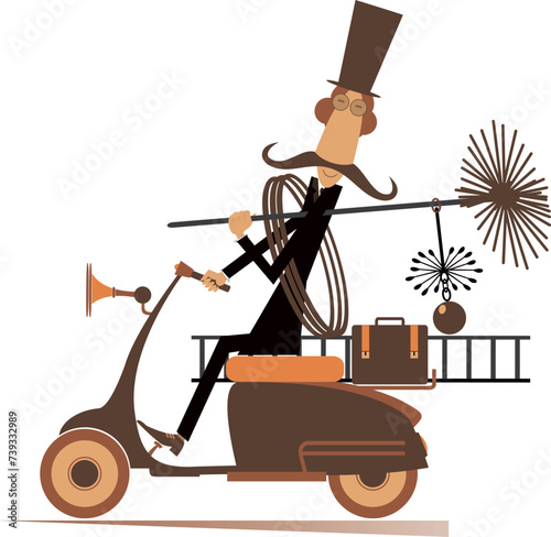 Cartoon chimney sweeper rides on the scooter. 
Chimney sweeper on the scooter with rope, chimney brush, ladder. Isolated on white background
