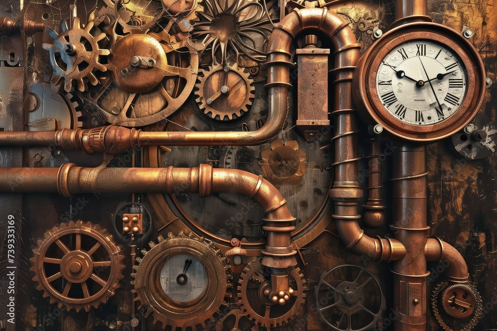 A steampunk style with gears pipes and clocks. A steampunk style with gears pipes and clocks.