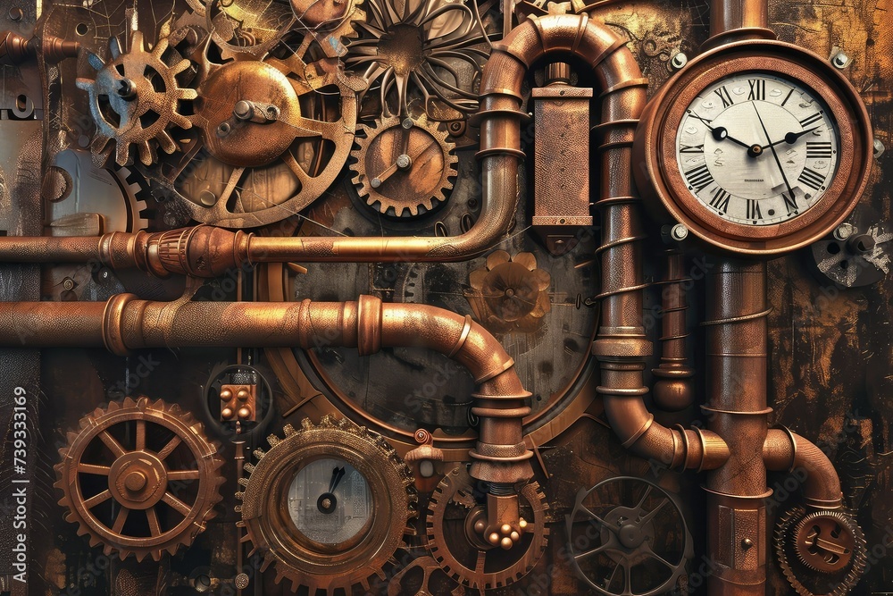 A steampunk style with gears pipes and clocks.