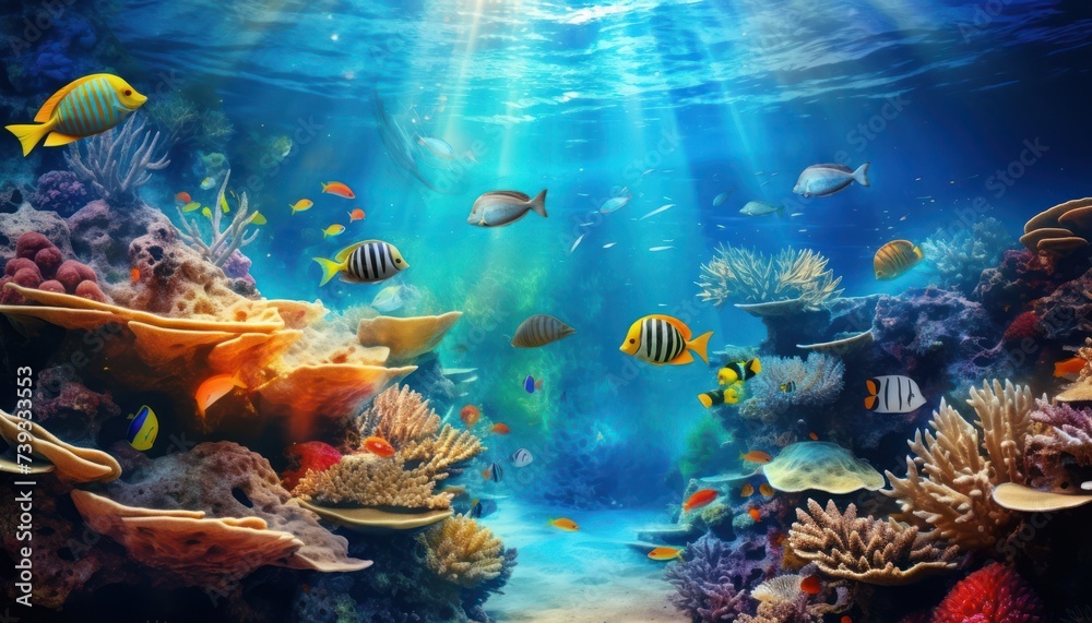 Fish in the water, coral reef, underwater life, various fish and exotic coral reefs