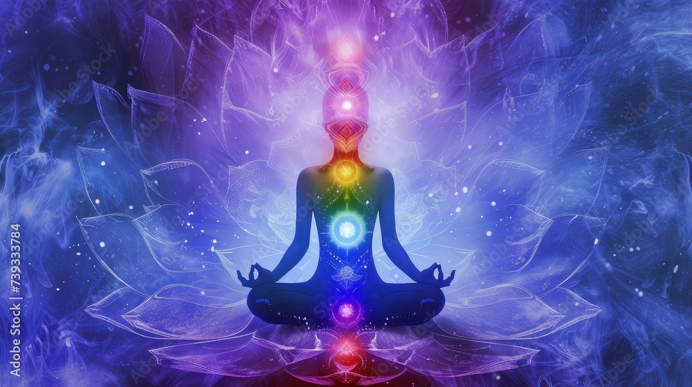 Auric Radiance in lotus flower shape: a person enveloped in a radiant aura with colors corresponding to the chakras. Auric Radiance in lotus flower shape: a person enveloped in a radiant aura with colors corresponding to the chakras.