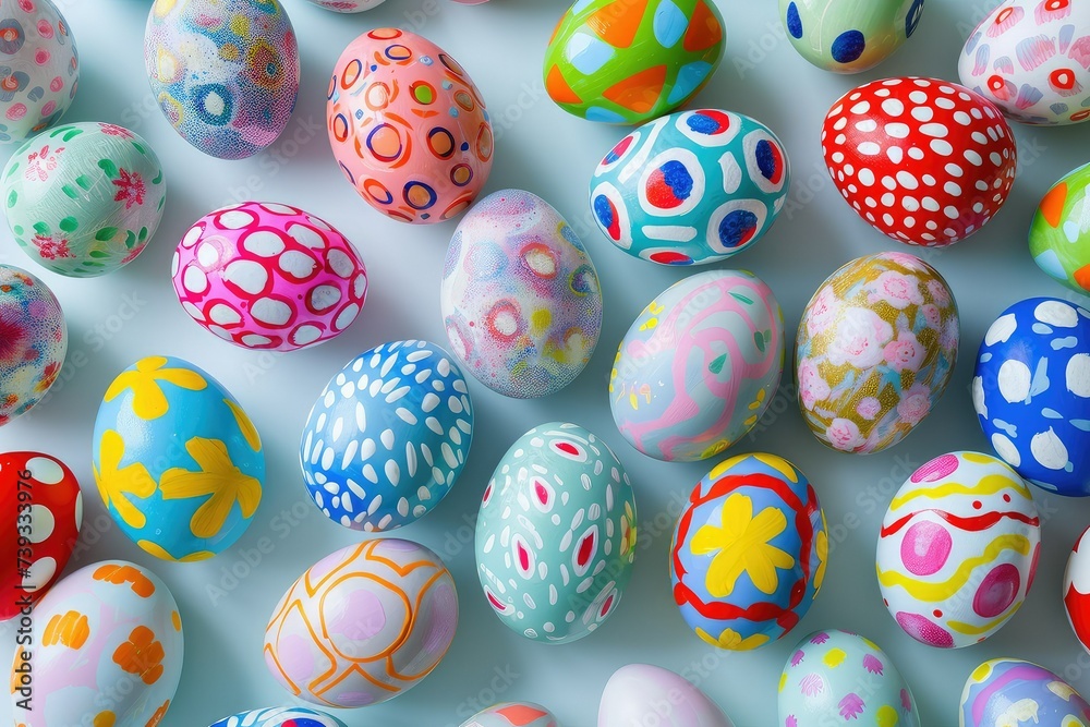Close up many painted easter eggs with colorful designs over a table, in the style of bright background. Close up many painted easter eggs with colorful designs over a table, in the style of bright background.