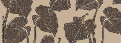 Beige luxury tropical background with golden outlines of tropical plants.