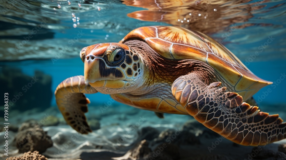 Fototapeta premium A solitary sea turtle gliding through the water, the patterns on its shell a unique signature, the p