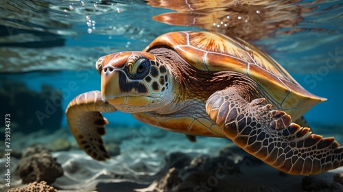 A solitary sea turtle gliding through the water, the patterns on its shell a unique signature, the p