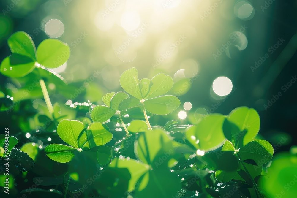 Four leaf clover green leaves in bright sun, in the style of mysterious jungle, water drops. Four leaf clover green leaves in bright sun, in the style of mysterious jungle, water drops.
