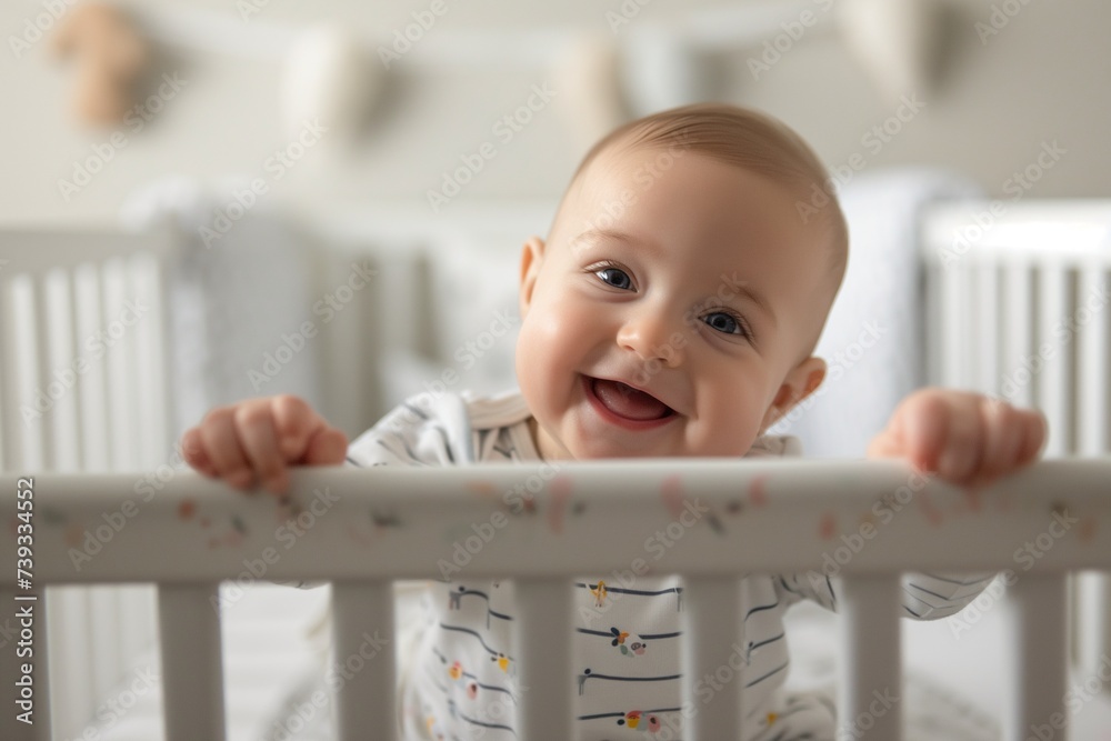 A happy laughing baby looks out of the crib. A happy laughing baby looks out of the crib.