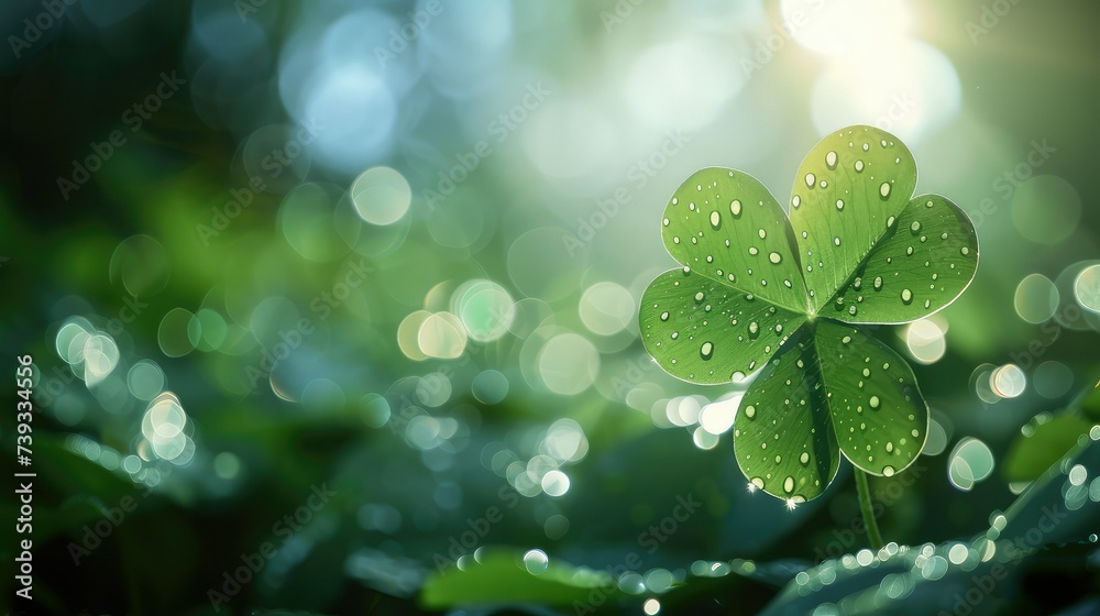 Four leaf clover green leaves in bright sun, in the style of mysterious jungle, water drops. Four leaf clover green leaves in bright sun, in the style of mysterious jungle, water drops.