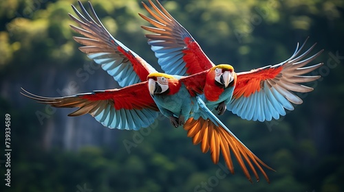 vector illustration Beautiful Scarlet macaw parrot flying in the wild on a green forest background photo