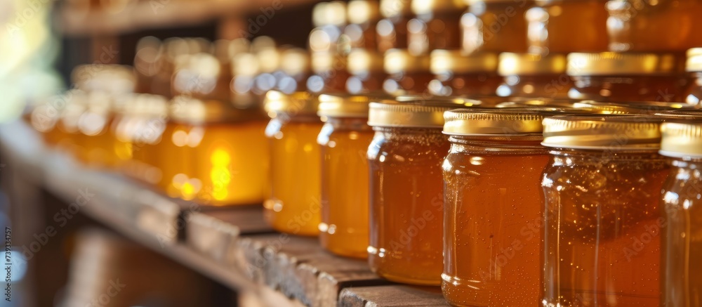 Variety of delicious honeys and honey jars on a wooden table in rustic setting Variety of delicious honeys and honey jars on a wooden table in rustic setting