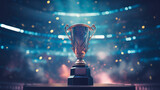 Champions Award trophy on blurred bokeh with particles background