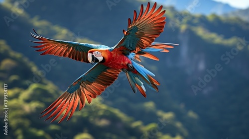 vector illustration Beautiful Scarlet macaw parrot flying in the wild on a green forest background © Sarina