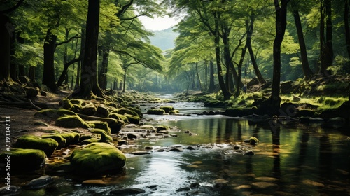 A tranquil river meandering through a lush forest, light filtering through the canopy, creating dapp