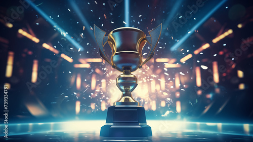Esports trophy on dark background with particles photo